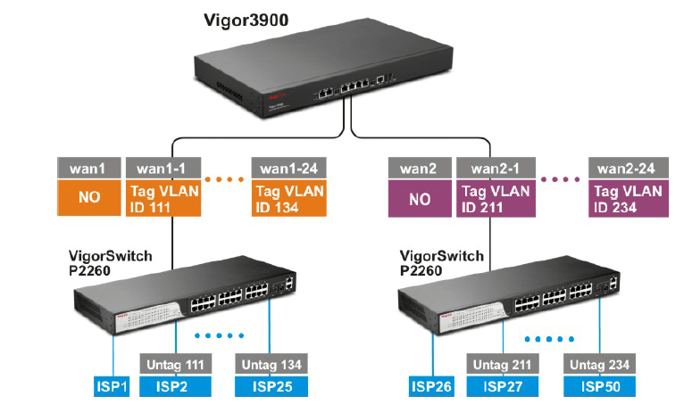 a toplogy of Vigor3900 conneting to two switches on its WAN